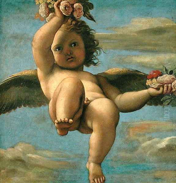 A Cherub Carrying Flowers (2) Oil Painting by Annibale Carracci