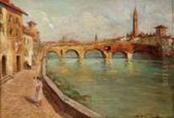 Verona, Sull'adige Oil Painting by Angelo Dall'Oca Bianca