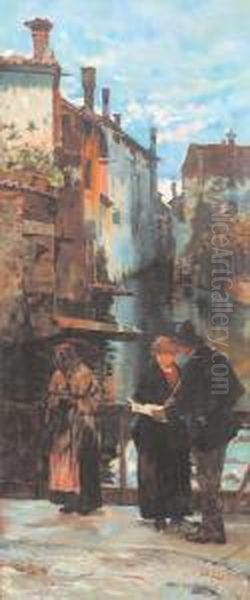 Figure Su Un Ponte A Verona Oil Painting by Angelo Dall'Oca Bianca