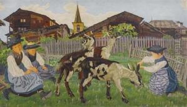 Ziegen Vor Bauernhausern. 1911. Oil Painting by Raphy Dalleves