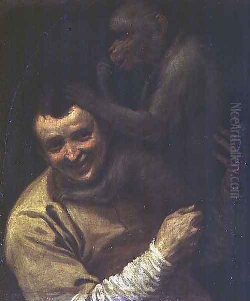 Man with Monkey, 1590-91 Oil Painting by Annibale Carracci