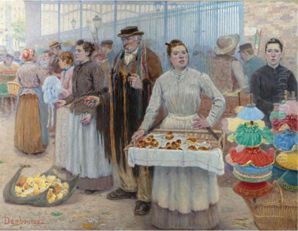 Les Camelots Aux Halles (tinker Dealers Of Les Halles) Oil Painting by Edouard Jean Dambourgez