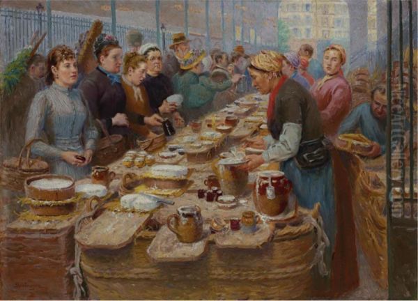 Marchandes De Creme Et De 
Fromage Blanc Aux Halles (cream And Cheese Sellers Of Les Halles) Oil Painting by Edouard Jean Dambourgez