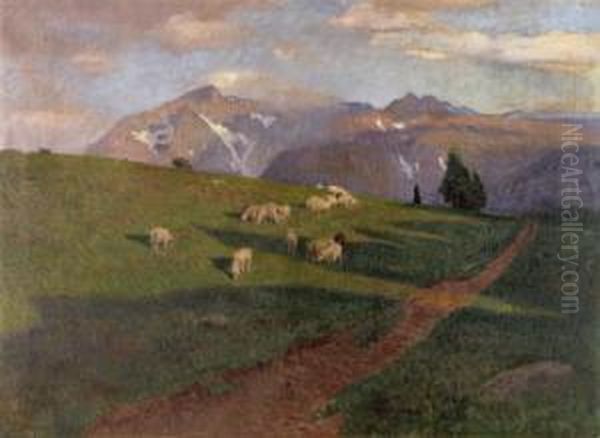 Weidende Schafe Auf Der Hochalm by Constantin Damianos