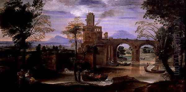 Roman Landscape with a Bridge Oil Painting by Annibale Carracci