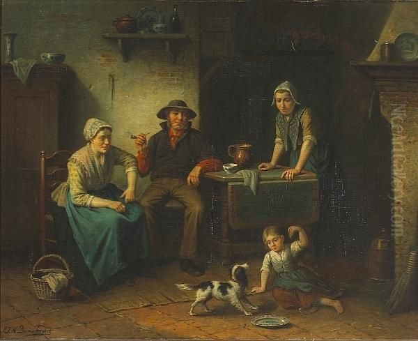 Domestic Bliss Oil Painting by Jan Jacobus Matthijs Damschroder