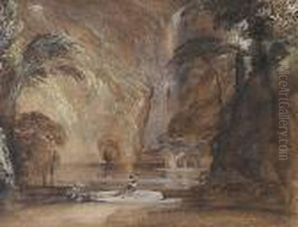 Figure At The Foot Of A Waterfall Oil Painting by Francis Danby