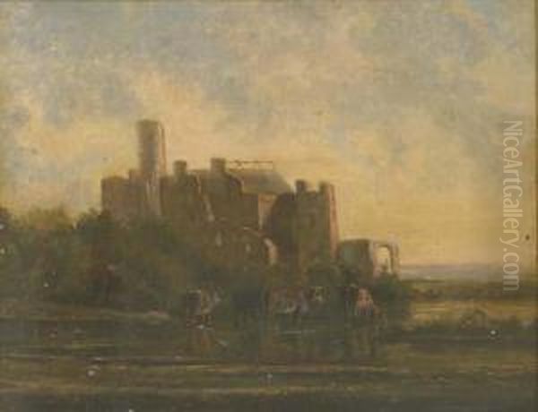 Cattle Watering Before A Castle Ruin Oil Painting by Francis Danby