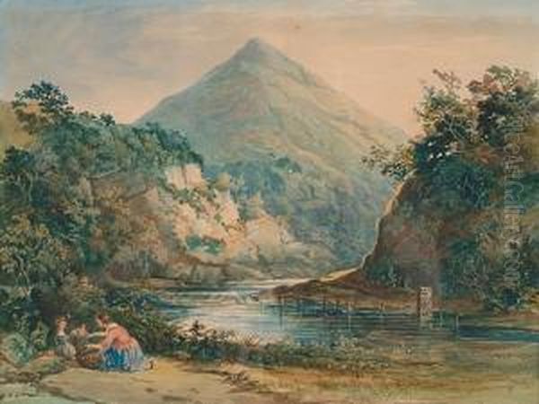 Mother And Children By A North Wales River Oil Painting by Francis Danby