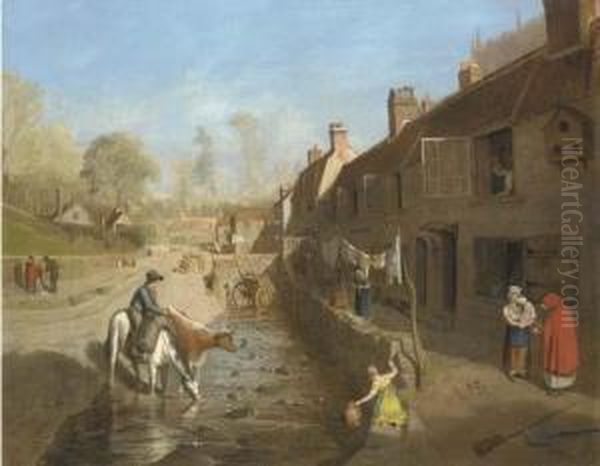 Figures By A Village Stream With Figures By Terraced Houses Oil Painting by Francis Danby