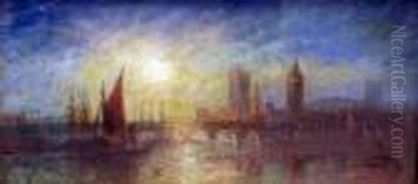 Scene At Dusk Of The Thames With A View Of The Palace Ofwestminster Oil Painting by Francis Danby