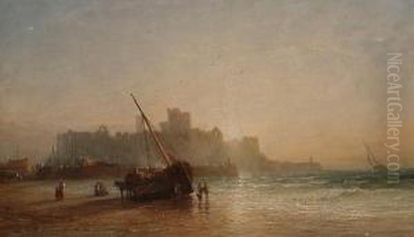 Fisherfolk On The Shore At Lowtide, A Ruined Castle Beyond. Oil Painting by Francis Danby