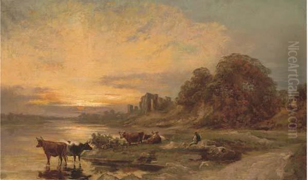 Cattle And A Herder By A River, With Ruins Beyond Oil Painting by Francis Danby