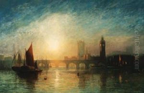 View Of Westminster Bridge And 
The Houses Of Parliament, With A Haybarge And Other Shipping In The 
Foreground Oil Painting by Francis Danby