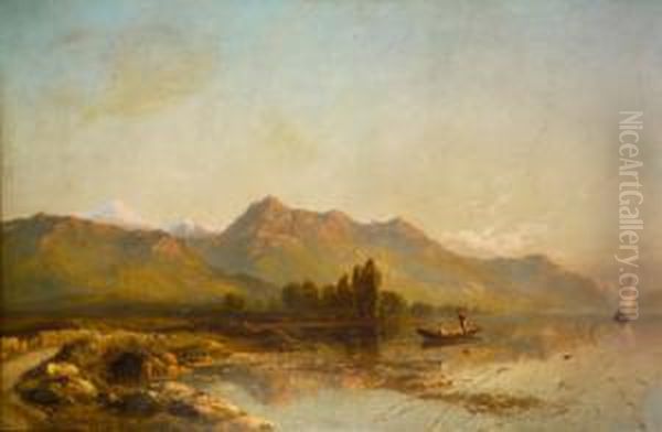 A Lake Scene With Figures In A Boat Oil Painting by Thomas Danby