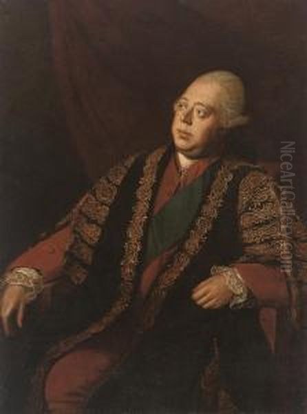 Portrait Of Frederick, Lord 
North, 2nd Earl Of Guilford, K.g. (1732-1793), Three-quarter-length, 
Seated, Wearing The Chancellor's Gown And Riband Of The Garter Oil Painting by Sir Nathaniel Dance-Holland