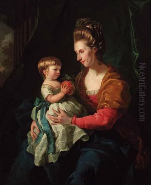 Portrait Of Elizabeth, Lady 
Pennyman, Three-quarter-length, In Ared Dress, Resting A Child On Her 
Lap Holding An Orange, A Columnbeyond Oil Painting by Sir Nathaniel Dance-Holland