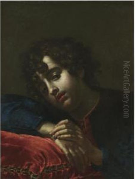 Portrait Of A Boy Leaning On A Red Velvet Cushion Oil Painting by Cesare Dandini