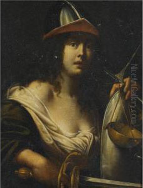 An Allegorical Female Figure Dressed As A Solider Oil Painting by Cesare Dandini