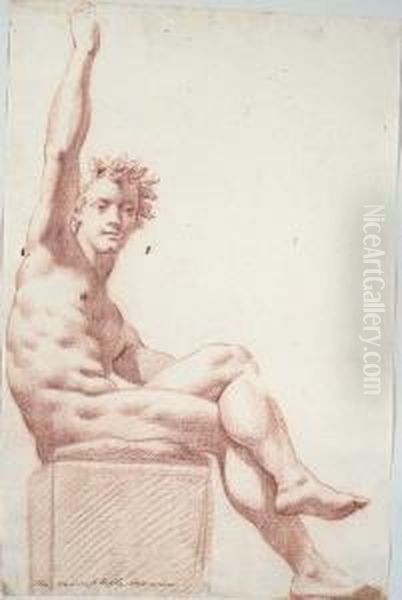 A Seated Nude Wearing A Crown Of Oak Leaves, His Right Arm Raised Oil Painting by Cesare Dandini