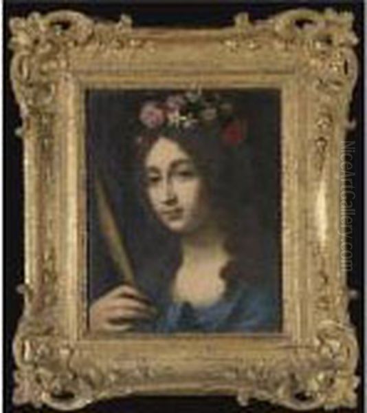 A Female Saint Wearing A Garland Of Flowers In Her Hair And Holding A Martyr's Palm Oil Painting by Cesare Dandini