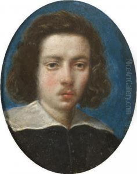 Portrait Of A Gentleman, Head 
And Shoulders, Wearing Black With A White Ruff, With A Blue Background Oil Painting by Cesare Dandini