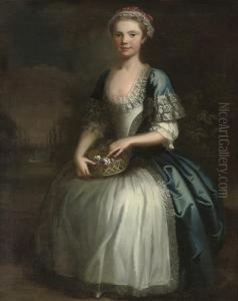 Portrait Of A Girl, Full-length,
 In A Blue Dress And Pink And White Lace Bonnet, Holding A Basket Of 
Flowers, In A Formal Garden Oil Painting by Bartholomew Dandridge