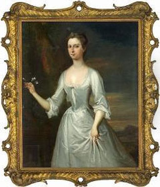 A Portrait Of A Lady, Three Quarter-length, In A White Dress, Holding A Sprig Of Flowers Oil Painting by Bartholomew Dandridge