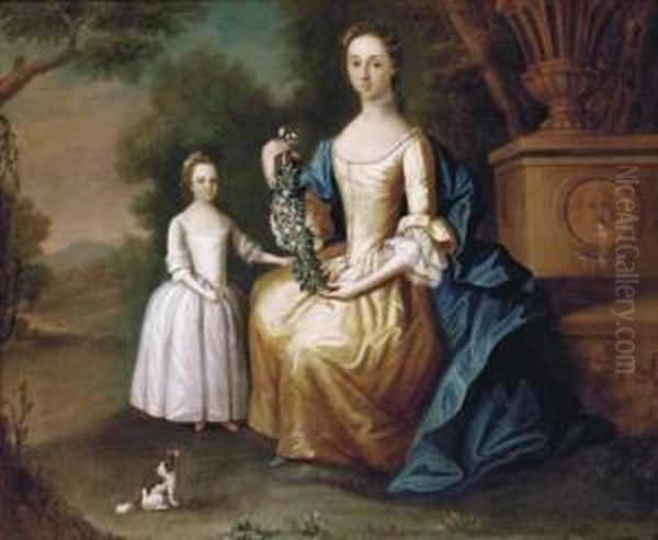 An Elegant Lady And Her Daughter By A Fountain In An Extensivelandscape Oil Painting by Bartholomew Dandridge