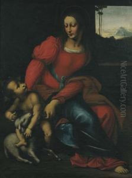 Madonna Con Bambino E Agnello, Un Paesaggio In Lontananza Oil Painting by Stefano Danedi