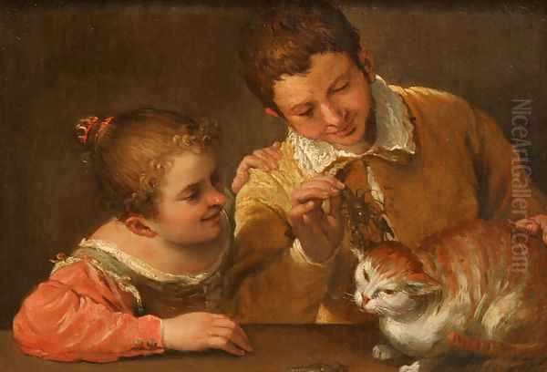 Two Children Teasing a Cat Oil Painting by Annibale Carracci