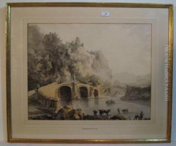 Figures Crossing A Bridge Below Castle On High With Cattle Watering Oil Painting by Thomas Daniell