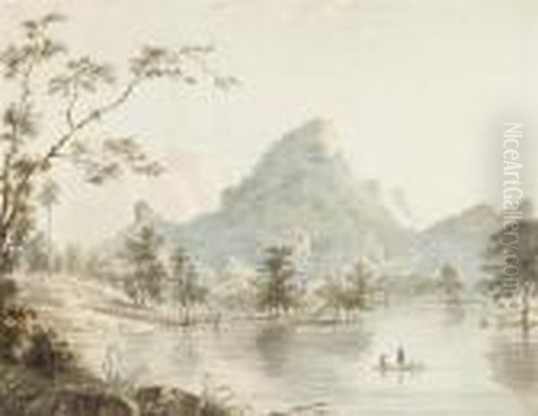 A River Scene Near Mysore With Figures On A Raft Oil Painting by Thomas Daniell