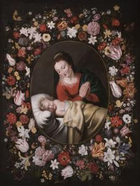 Madonna Mit Dem Schlafenden 
Christusknaben In Einem Kranz Aus Rosen, Tulpen, Lilien Und Anderen 
Blumen Oil Painting by Andries Daniels