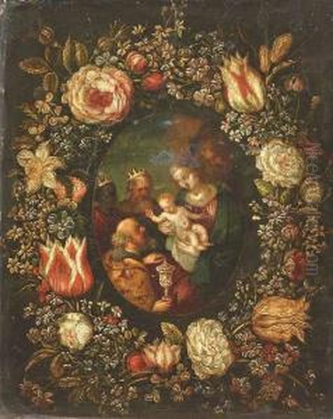 A Girdle Of Flowers Around A Medallion With The Adoration Of The Three Magi. Oil Painting by Andries Daniels