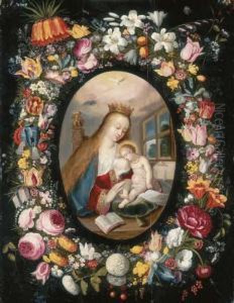 A Garland Of Flowers Surrounding A Medallion Of The Virgin Andchild Oil Painting by Andries Daniels