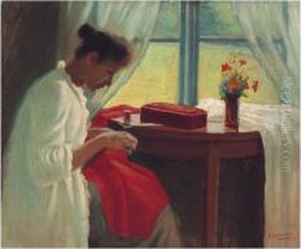 Ompelija (sewing By The Window) Oil Painting by Elin Danielson-Gambogi