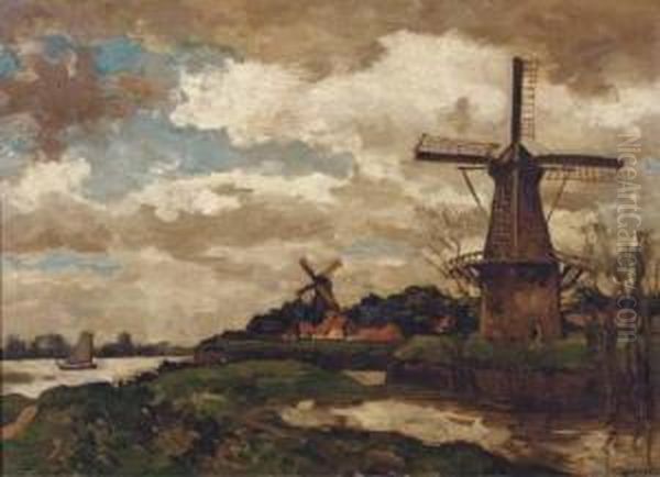 Omgeving Woudrichem: Windmills By A River Oil Painting by Charles Dankmeijer