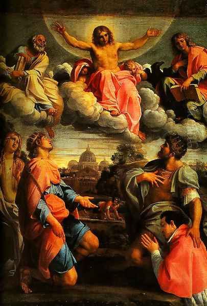 Christ in Glory and SS Peter John the Ecangelist Mary Magdalen and Ermengild Martyr with Odardo Farnese Oil Painting by Annibale Carracci