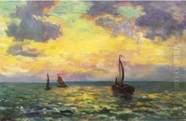 Avondstemming Noordzee: Sailingvessels On The Northsea Atsunset Oil Painting by Charles Dankmeijer