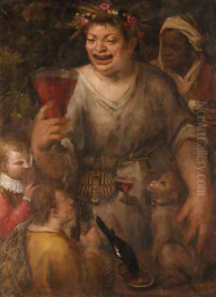 A man as Bacchus drinking wine, with two youths, a magpie, and an ape Oil Painting by Annibale Carracci