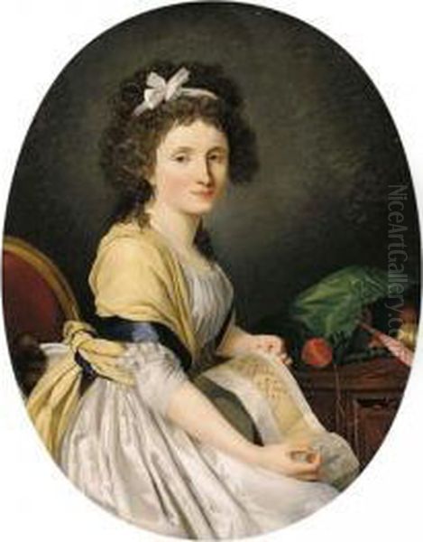 Portrait Of A Young Lady, Half Length, Seated By A Table, Holding Her Embroidery Oil Painting by Henri Pierre Danloux