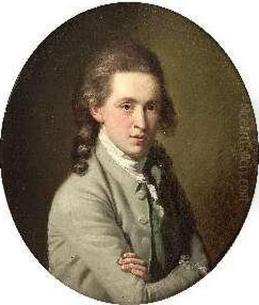 Half Length Portrait Of A Young Man With Arms Folded In A Greyjacket Oil Painting by Henri Pierre Danloux