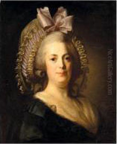 Portrait Of A Woman, Head And 
Shoulders, Wearing A Black Dress, With A White Bonnet And Pink Ribbon Oil Painting by Henri Pierre Danloux