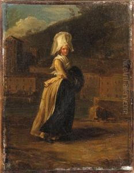 'la Coquette': A Lady Walking By
 A River, A Town Beyond; And 'latravailleuse': A Maid Sewing By A Hearth
Oil On Canvas Oil Painting by Henri Pierre Danloux