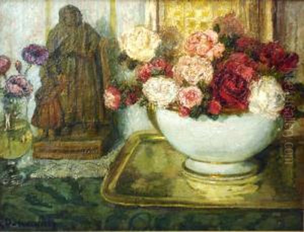 Coupe De Roses Et Sculpture Oil Painting by Alice Dannenberg