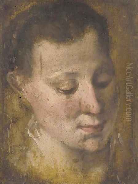 Head of a girl looking down to the right, her hair held in a plait Oil Painting by Annibale Carracci