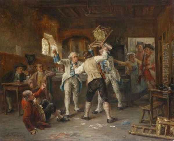 Pub Brawl Oil Painting by Leon Danseart