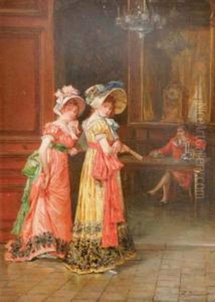 Elegant Ladies In An Interior Oil Painting by Leon Danseart