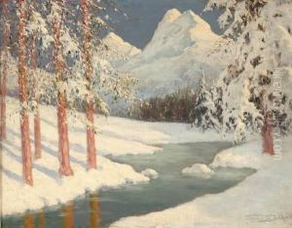 Winter Alpine Stream Oil Painting by Georges Dantu